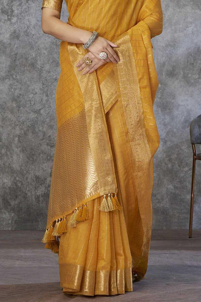 Mustard Pure Khadi Cotton Handloom Saree with Rich Pallu & Tassel Detailing | Designer Traditional Saree - House of ViDi