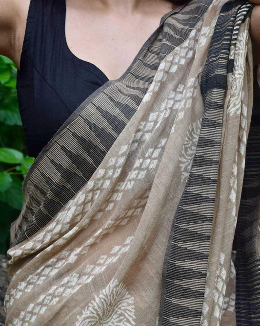 Premium Soft Linen Digital Print Saree with Banglory Satin Blouse [Beige] - House of ViDi