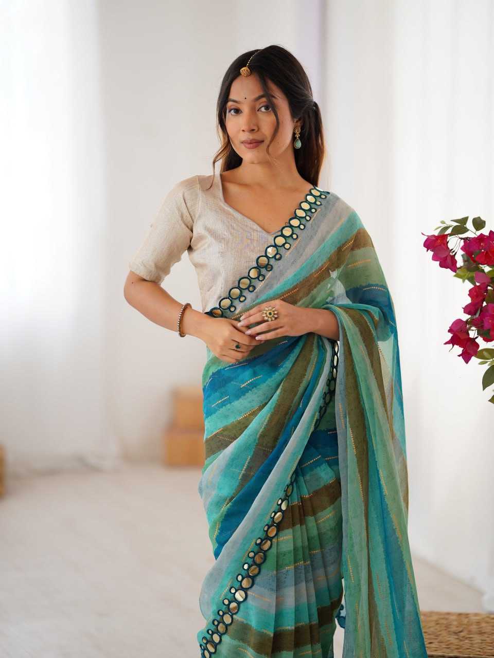 Sky Blue Heavy Marble Chiffon Lehriya Print Saree with Zari & Mirror Border – Elegant Festive & Party Wear Saree