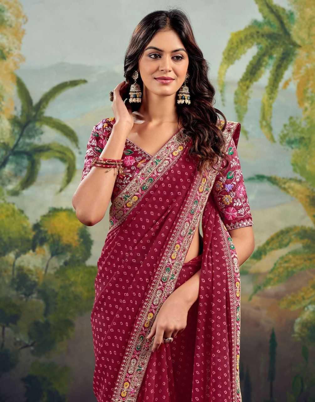 Maroon Printed Georgette Saree with Embroidery Lace Border & Designer Blouse - House of ViDi