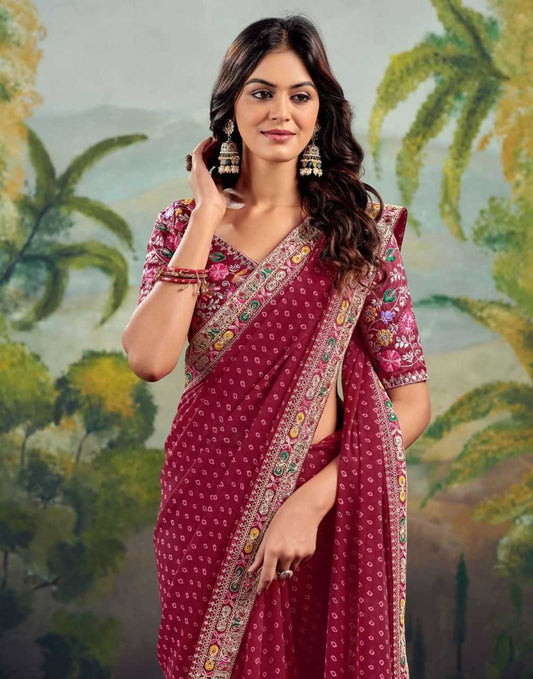 Maroon Printed Georgette Saree with Embroidery Lace Border & Designer Blouse