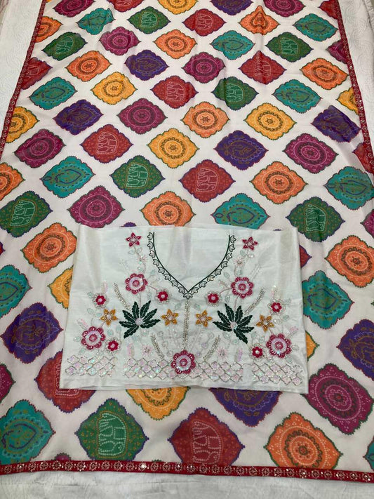Printed Georgette Saree with Bandhej Print & Beaded Blouse [Off White] - House of ViDi