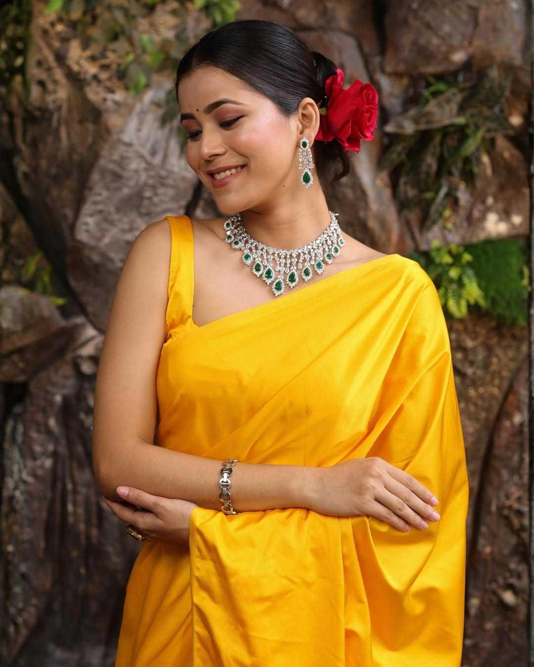Yellow Premium Party Wear Crepe Silk Saree with Matching Blouse - House of ViDi
