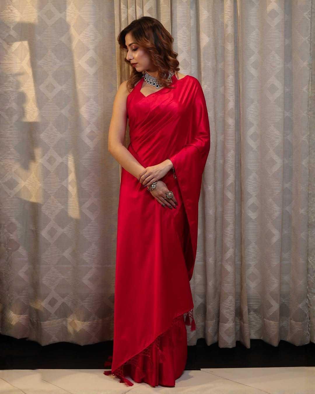 Red Premium Party Wear Crepe Silk Saree with Matching Blouse - House of ViDi