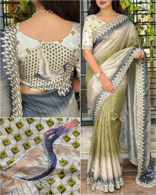 Mehndi Flamingo Embroidered Tussar Silk Designer Saree with Digital Print & Thread Work Blouse | House of ViDi - House of ViDi