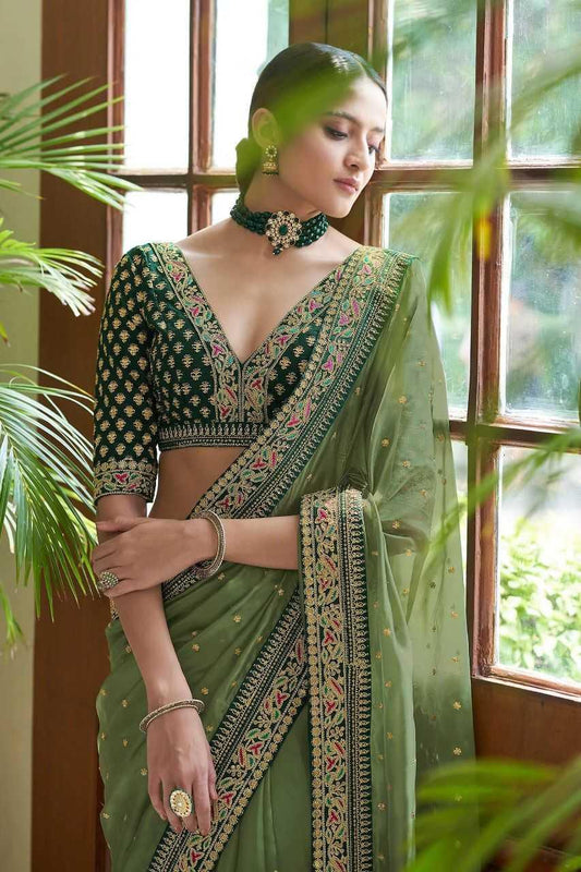 Designer Embroidered Royal Organza Saree with Sequins Butti & Lace Border – Premium Look with Unstitched Blouse [Olive Green] - House of ViDi