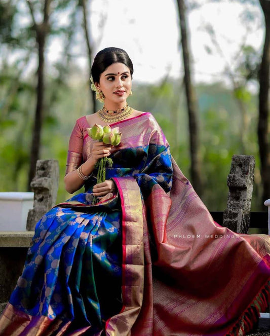 Navy Blue Soft Lichi Silk Saree with Golden Zari Weaving – Jacquard Designer Blouse | Wedding & Festive Wear - House of ViDi