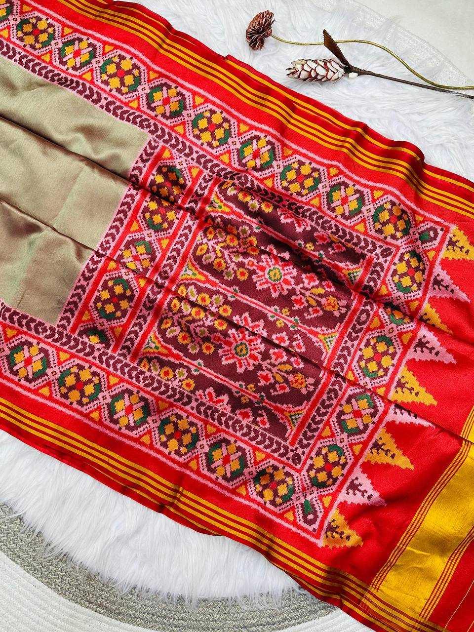 Grey Pure Patola Silk Saree with Double Ikkat Print, Lagadi Pallu & Zari Border | Premium Soft Silk Saree - House of ViDi