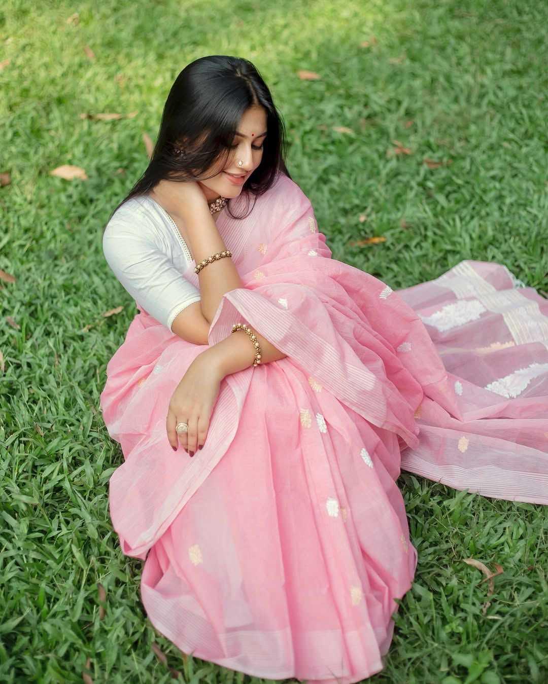 Pink Linen Slab Saree with Jacquard Weaving & Rich Pallu - House of ViDi