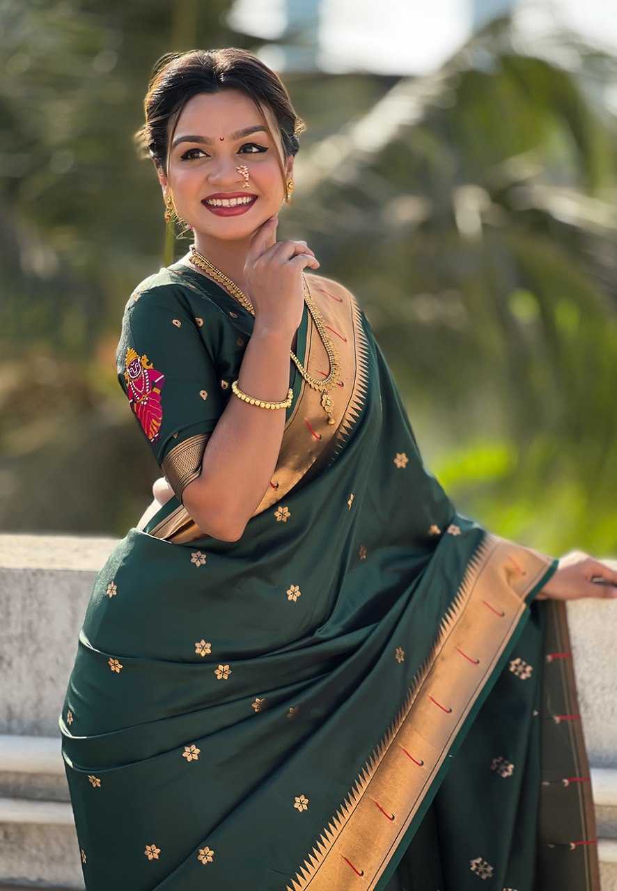 Vitthala Paithani Silk Saree with Muniya Border & Brocade Blouse – Traditional Wedding & Festive Wear [Bottle Green] - House of ViDi