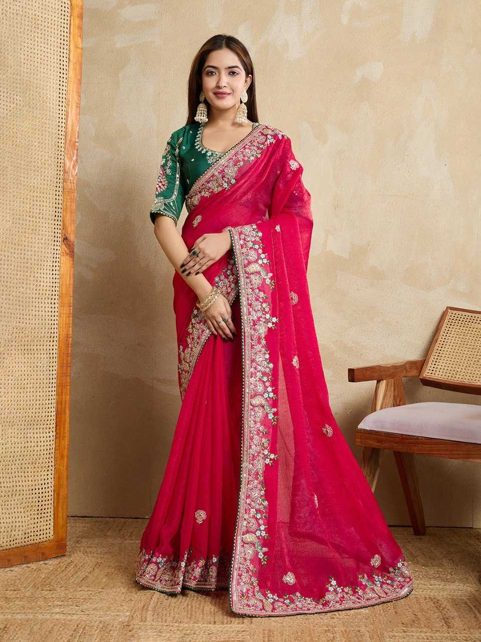 Premium Pink Fendy Chiffon Silk Saree with Heavy Embroidery & Mono Banglory Blouse – Perfect Wedding & Festive Wear