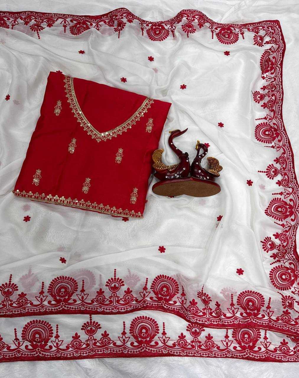 Elegant White & Red Embroidered Rangoli Silk Saree with Designer Mono Banglori Blouse - House of ViDi