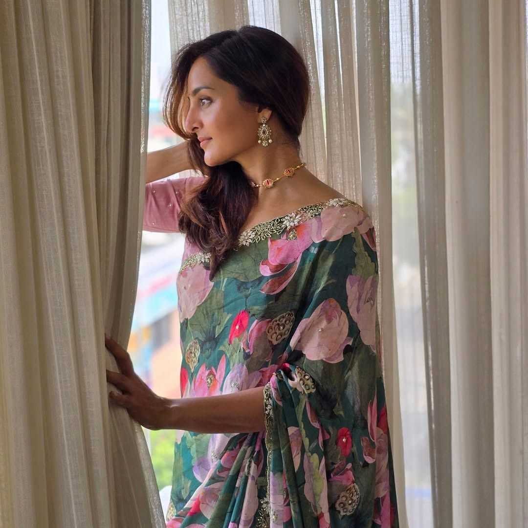 Manju Warrier‑Inspired Soft Chiffon Saree with Digital Floral Print & Moti Cut‑Dana Embellishments - House of ViDi