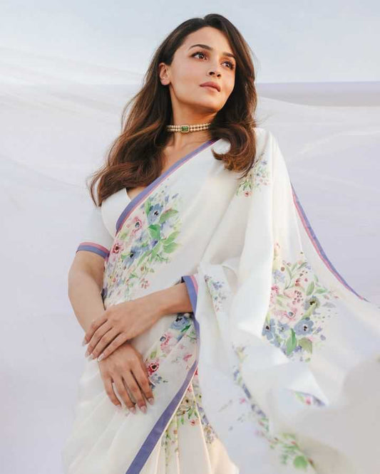 Alia Bhatt Inspired Floral Premium Silk Saree – Bollywood Style with Unstitched Blouse - House of ViDi