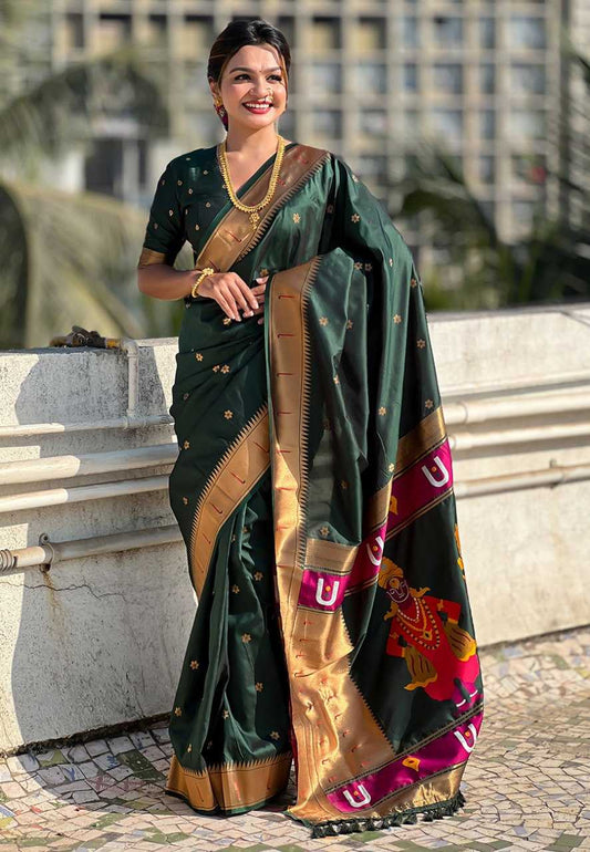 Vitthala Paithani Silk Saree with Muniya Border & Brocade Blouse – Traditional Wedding & Festive Wear [Bottle Green] - House of ViDi