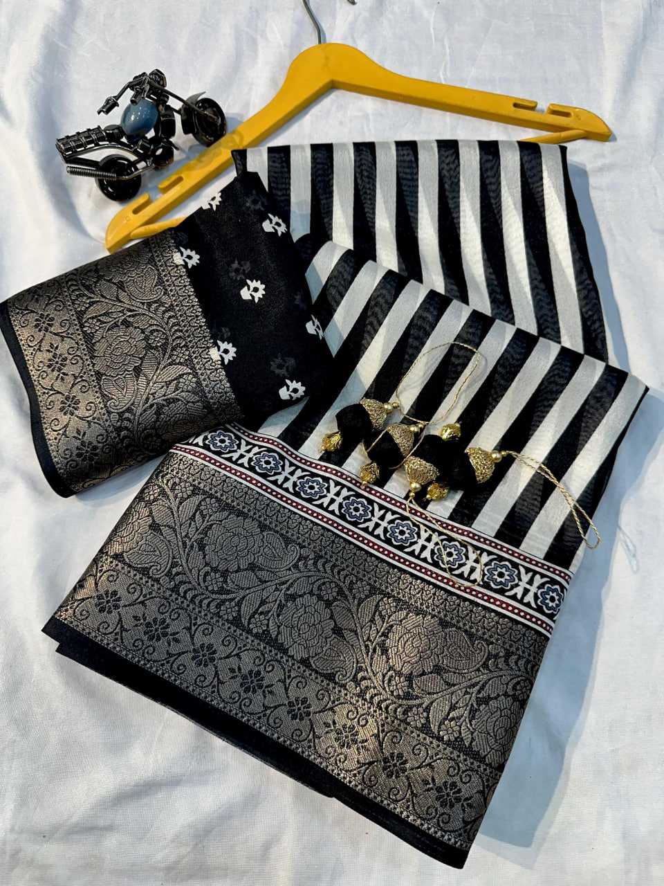 Black Soft Semi Dola Saree with Weaving Border & Contrast Blouse – Elegant Festive & Office Wear Saree