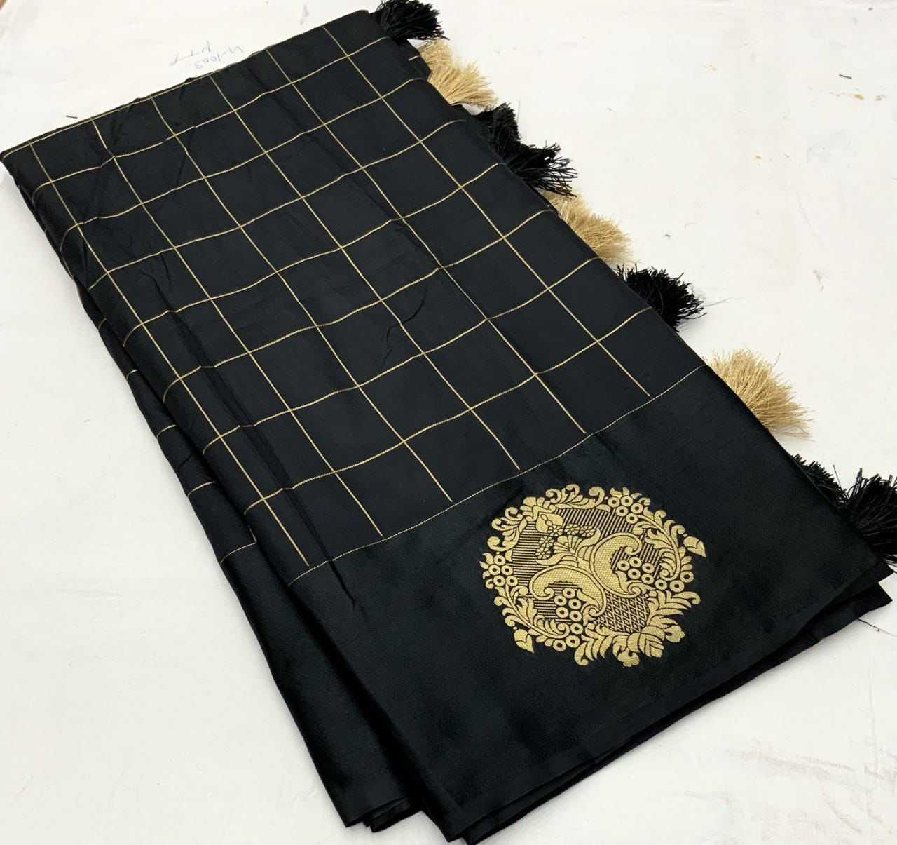 Black Premium Satin Silk Party Wear Saree with Zari Woven Border & Butta Design - House of ViDi