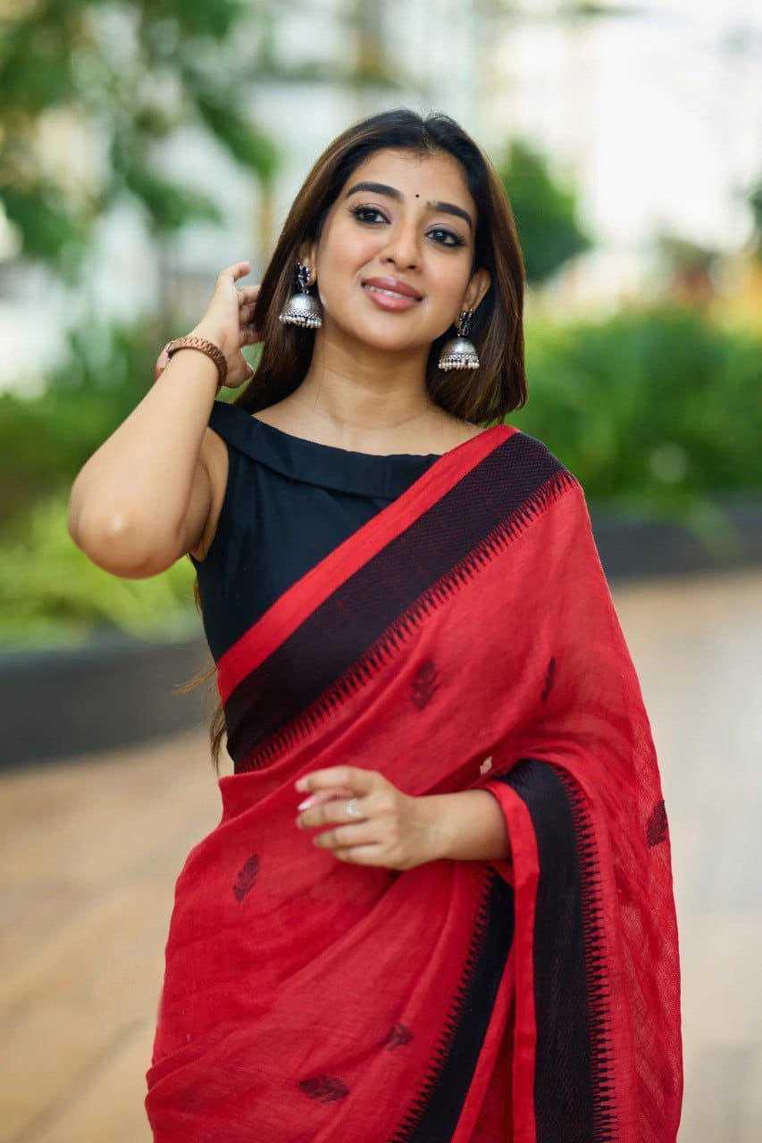 Red Premium Linen Cotton Digital Print Saree with Matching Blouse - House of ViDi