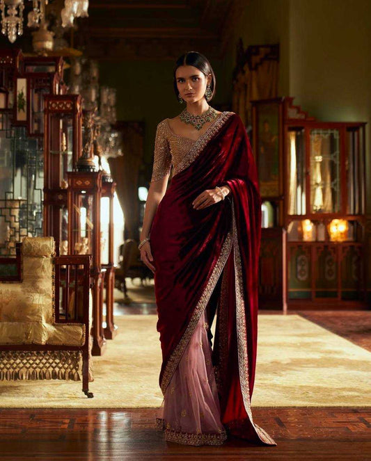 Designer Velvet & Net Saree with Sequins, Thread & Dori Work – Maroon & Nude Contrast