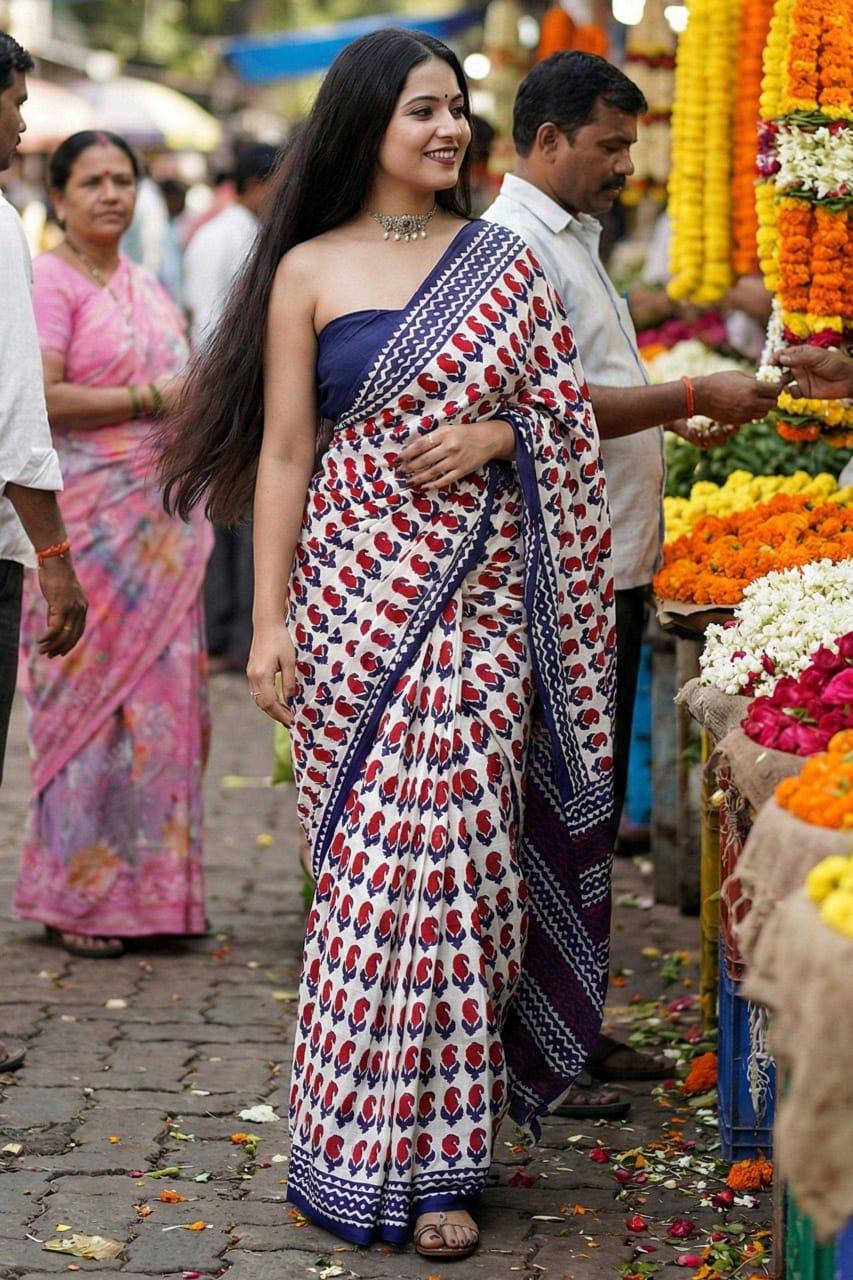Navy Blue Premium Ajrakh Block Print Mulmul Cotton Saree with Blouse - House of ViDi
