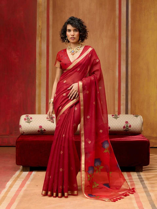 Red Handloom Silk Saree with Organza Pallu & Woven Design - House of ViDi