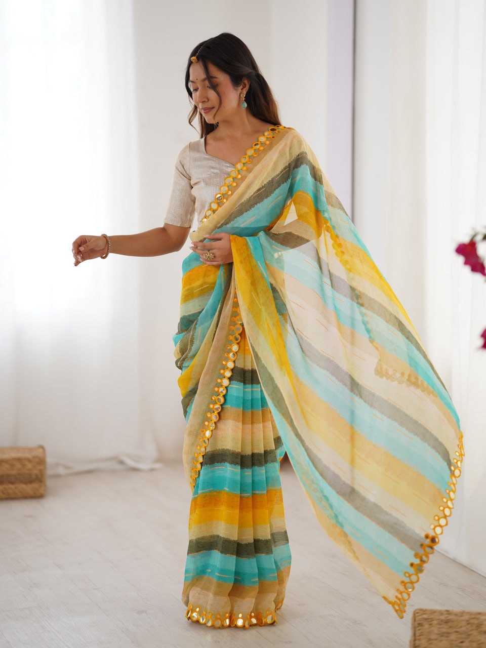 Yellow Heavy Marble Chiffon Lehriya Print Saree with Zari & Mirror Border – Elegant Festive & Party Wear Saree