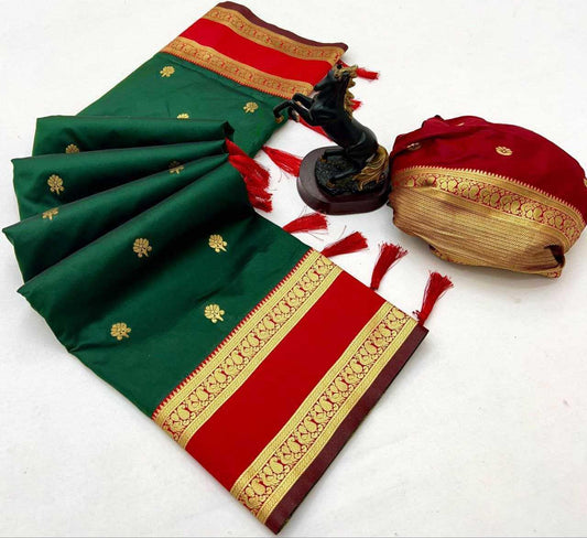 Green Premium Soft Silk Kanjeevaram Saree with Dual Zari Butta, Rich Woven Pallu & Designer Silk Blouse - House of ViDi