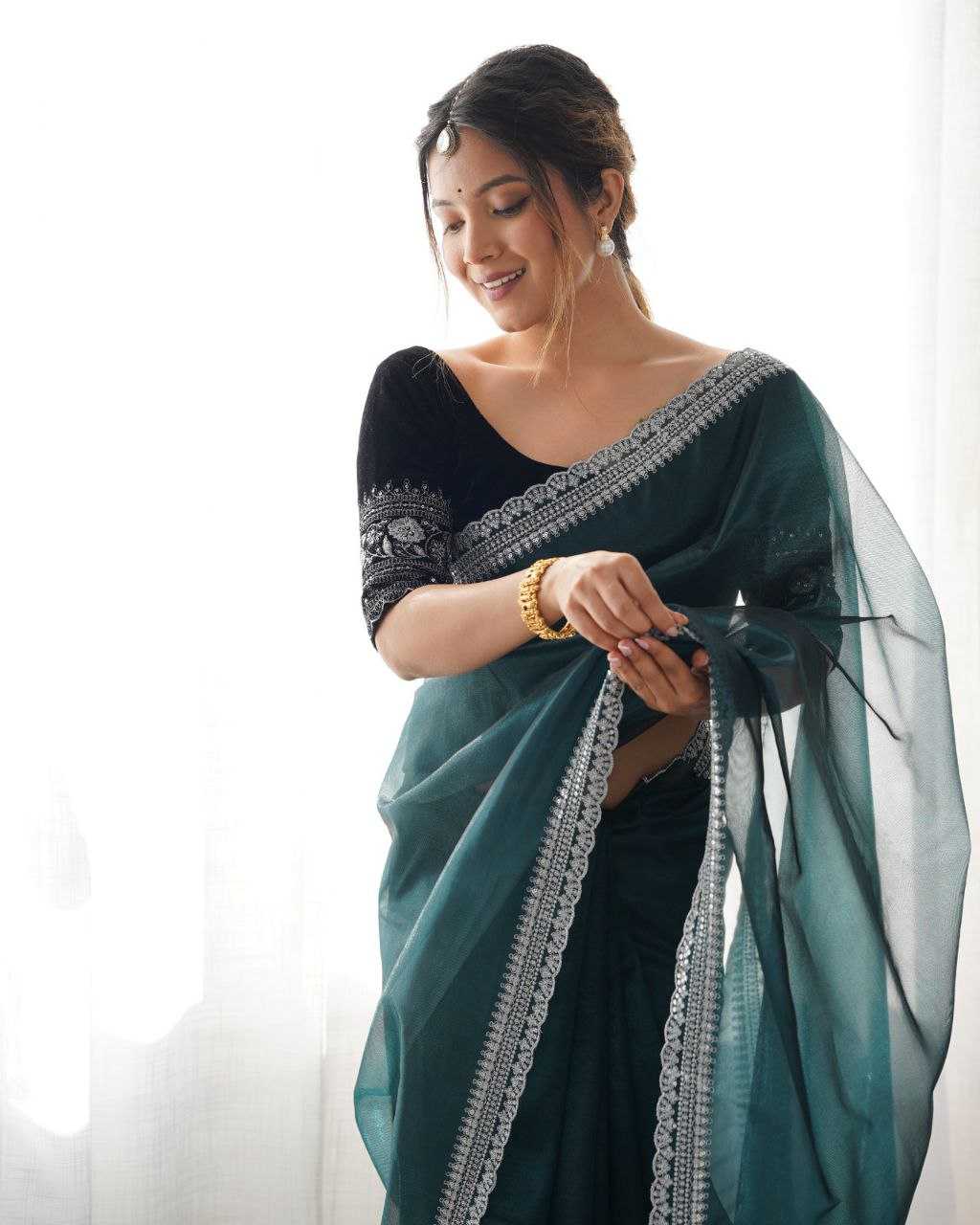 Elegant Lilac Twill Net Saree with 3mm Sequins & Rich Gold Zari Work [Bottle Green]
