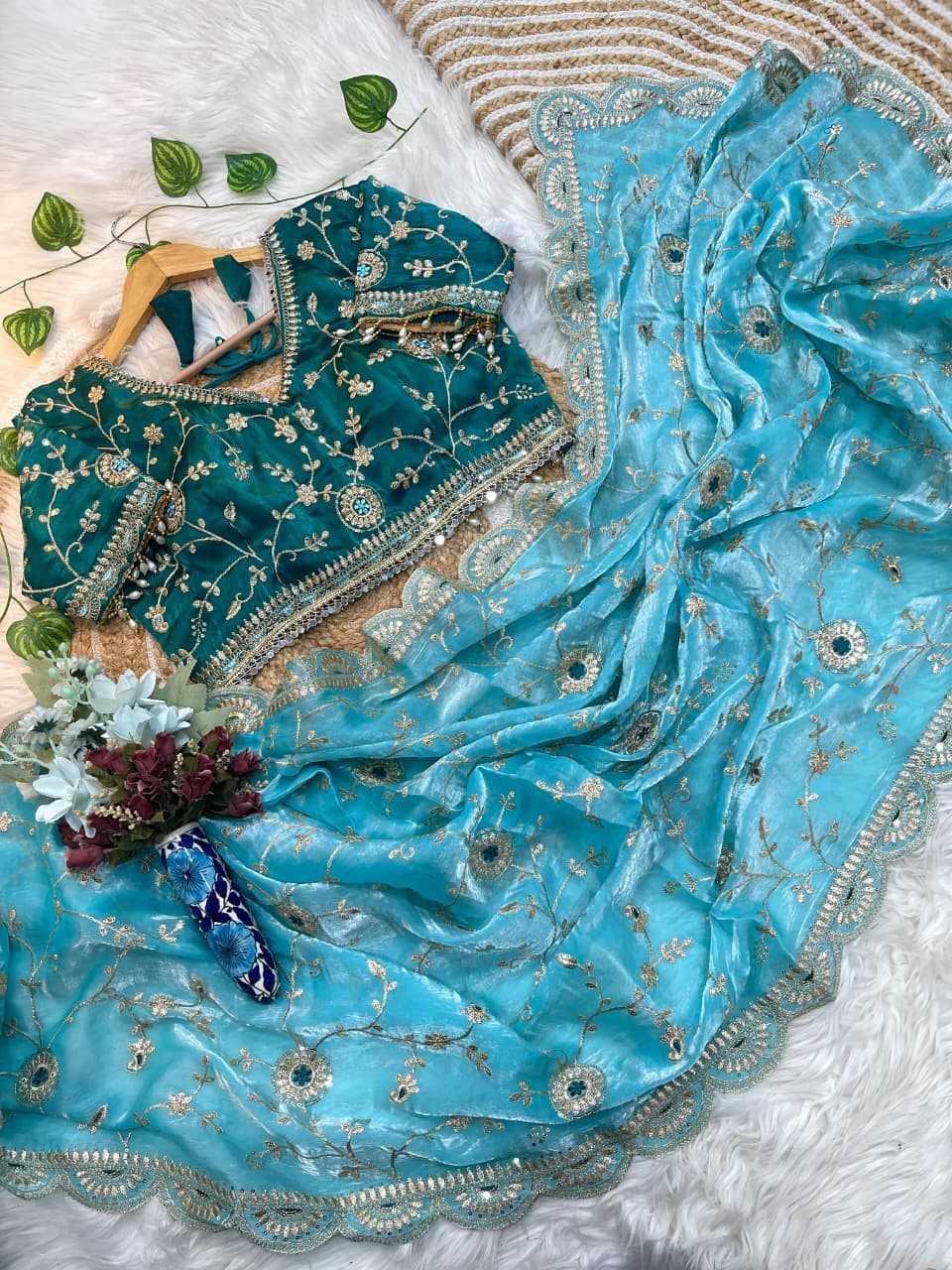 Blue Designer Party Wear Fendy Satin Saree with Heavy Sequin Embroidery & Stitched Blouse - House of ViDi