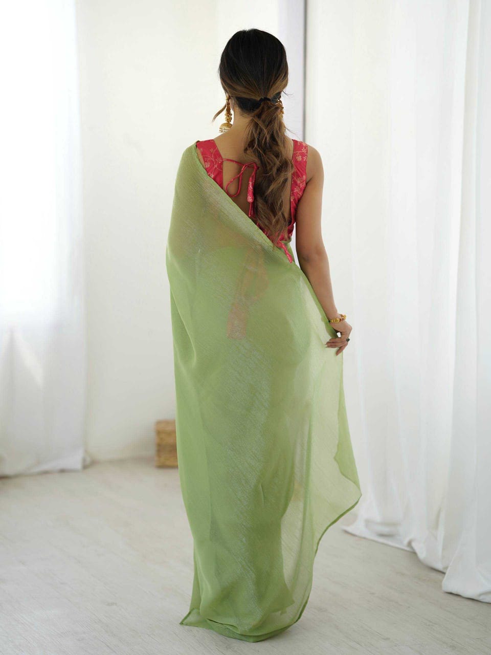 Pista Green Sparkle Silk Ready-to-Wear Saree with Banarasi Blouse | House of ViDi
