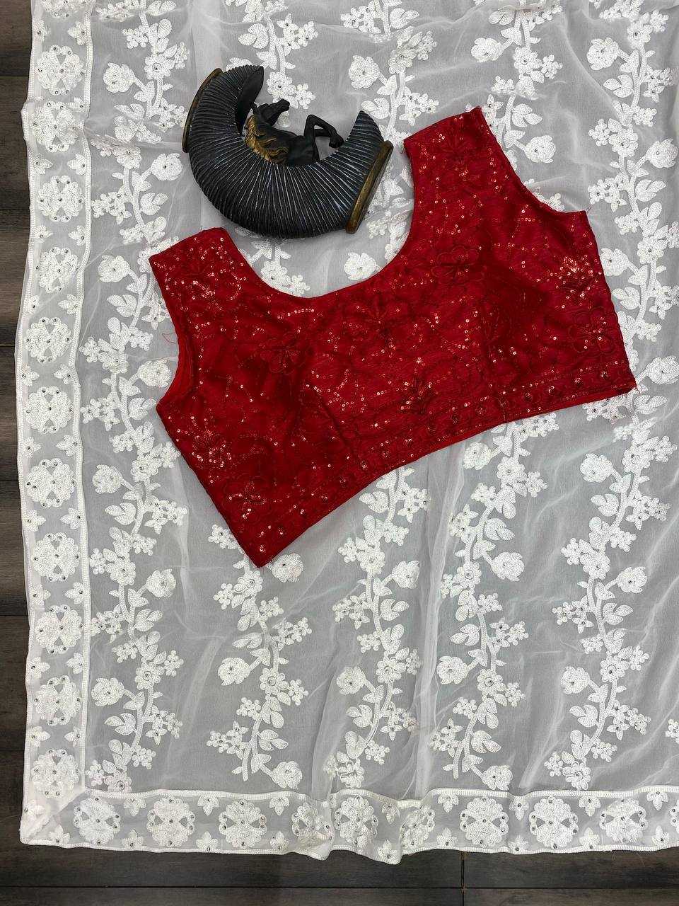 White Georgette Saree with Cotton Thread Chainstitch & Stone Handwork