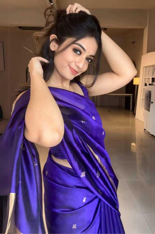 Soft Lichi Silk Saree with Full Jacquard Weaving & Opulent Pallu – Contrast Blouse with Jacquard Border [Royal Blue] - House of ViDi