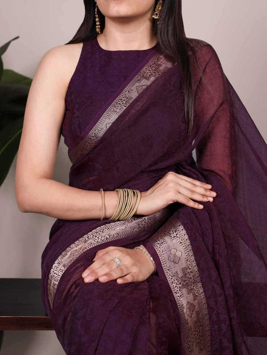 Coffee Brown Poly Shimmer Saree with Zari Border & Blouse - House of ViDi