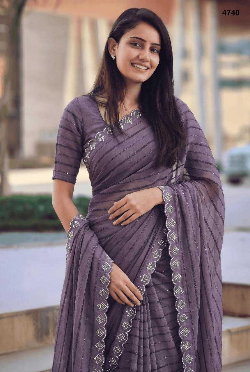 Purple Fancy Dull Moss Crochet Work Saree with Cutwork Moti Border - House of ViDi