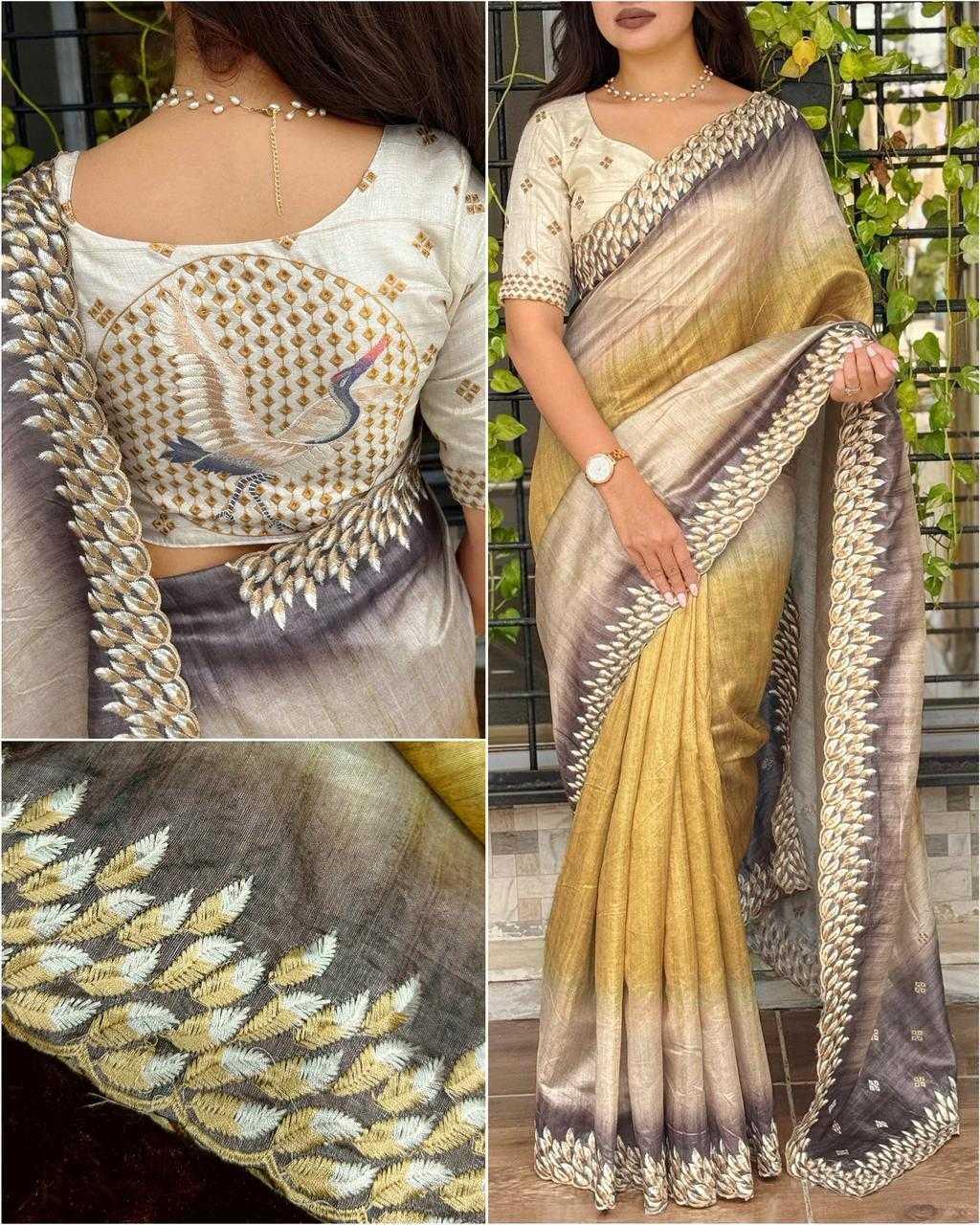 Gold Flamingo Embroidered Tussar Silk Designer Saree with Digital Print & Thread Work Blouse | House of ViDi - House of ViDi