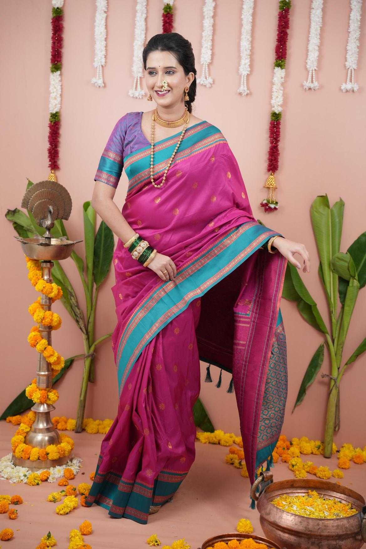 Narayanpet Soft Silk Saree with Zari Motifs & Contrast Pallu – Narayan Border & Contrast Blouse [Rani] - House of ViDi
