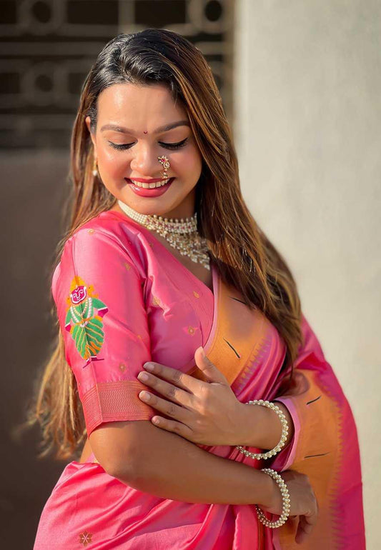 Vitthala Paithani Silk Saree with Muniya Border & Brocade Blouse – Traditional Wedding & Festive Wear [Rani Pink] - House of ViDi