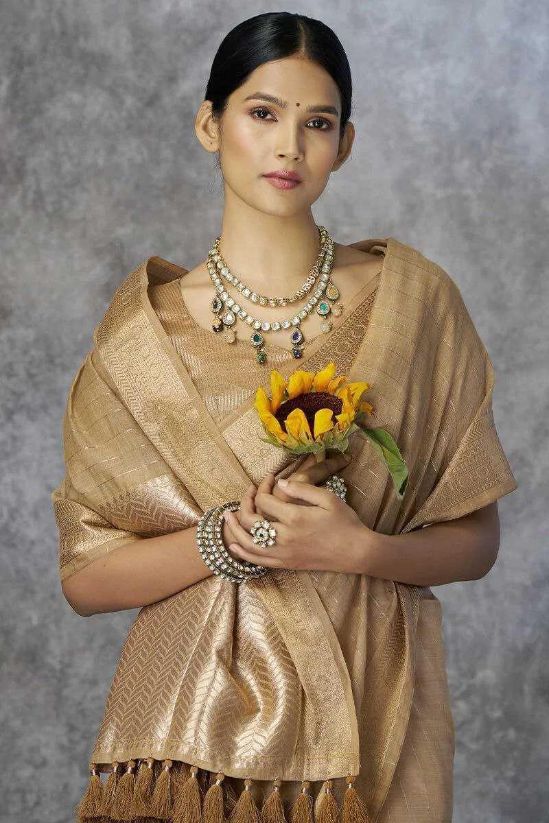 Chikoo Pure Khadi Cotton Handloom Saree with Rich Pallu & Tassel Detailing | Designer Traditional Saree - House of ViDi