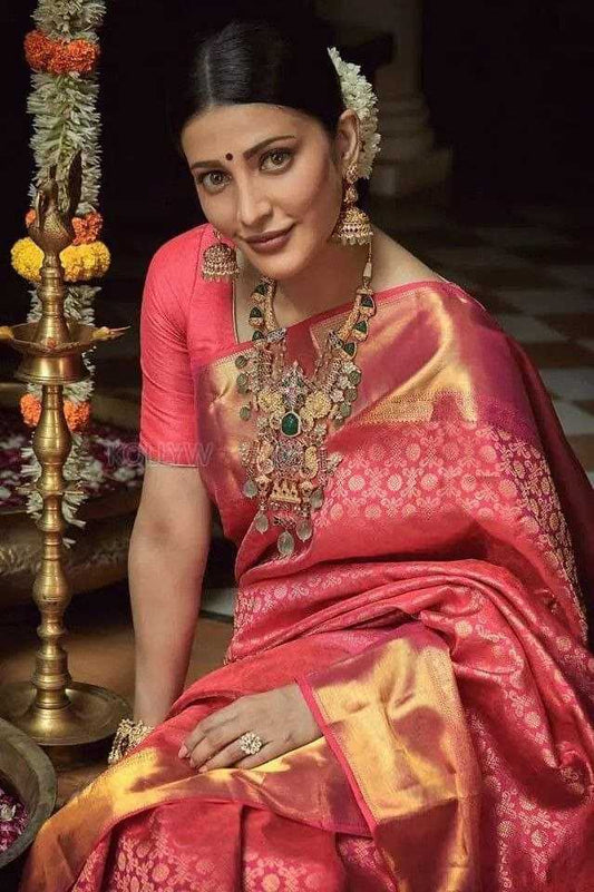 Shruti Haasan Inspired Pink Kanjivaram Tissue Silk Saree with Soft Zari Weaving & Brocade Blouse