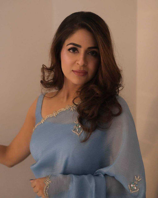 Blue Pixel Crush Saree with Katdana & Diamond Work - House of ViDi