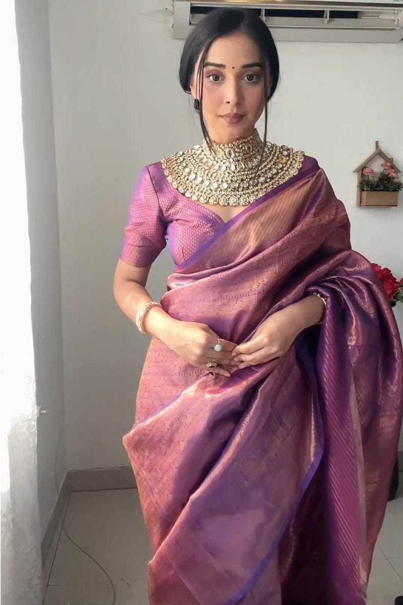 Taniya Mittal Inspired Kanjivaram Silk Saree [Purple] - House of ViDi
