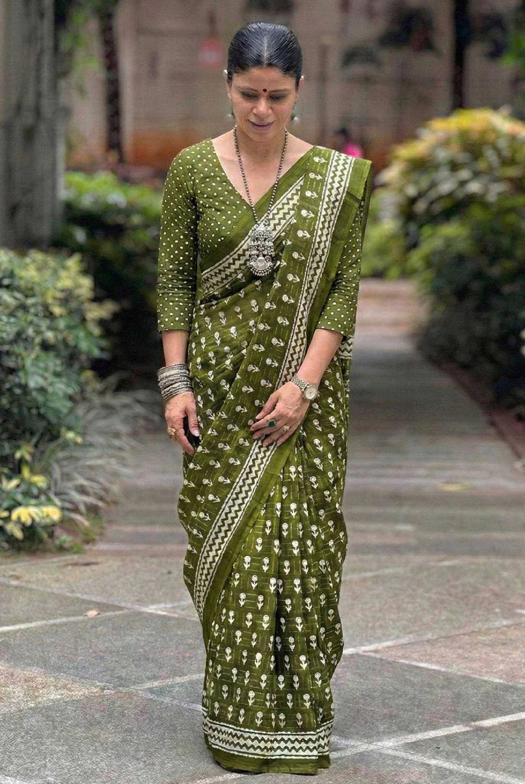 Mehndi Pure Cotton Hand Block Printed Bagru Saree with Blouse - House of ViDi