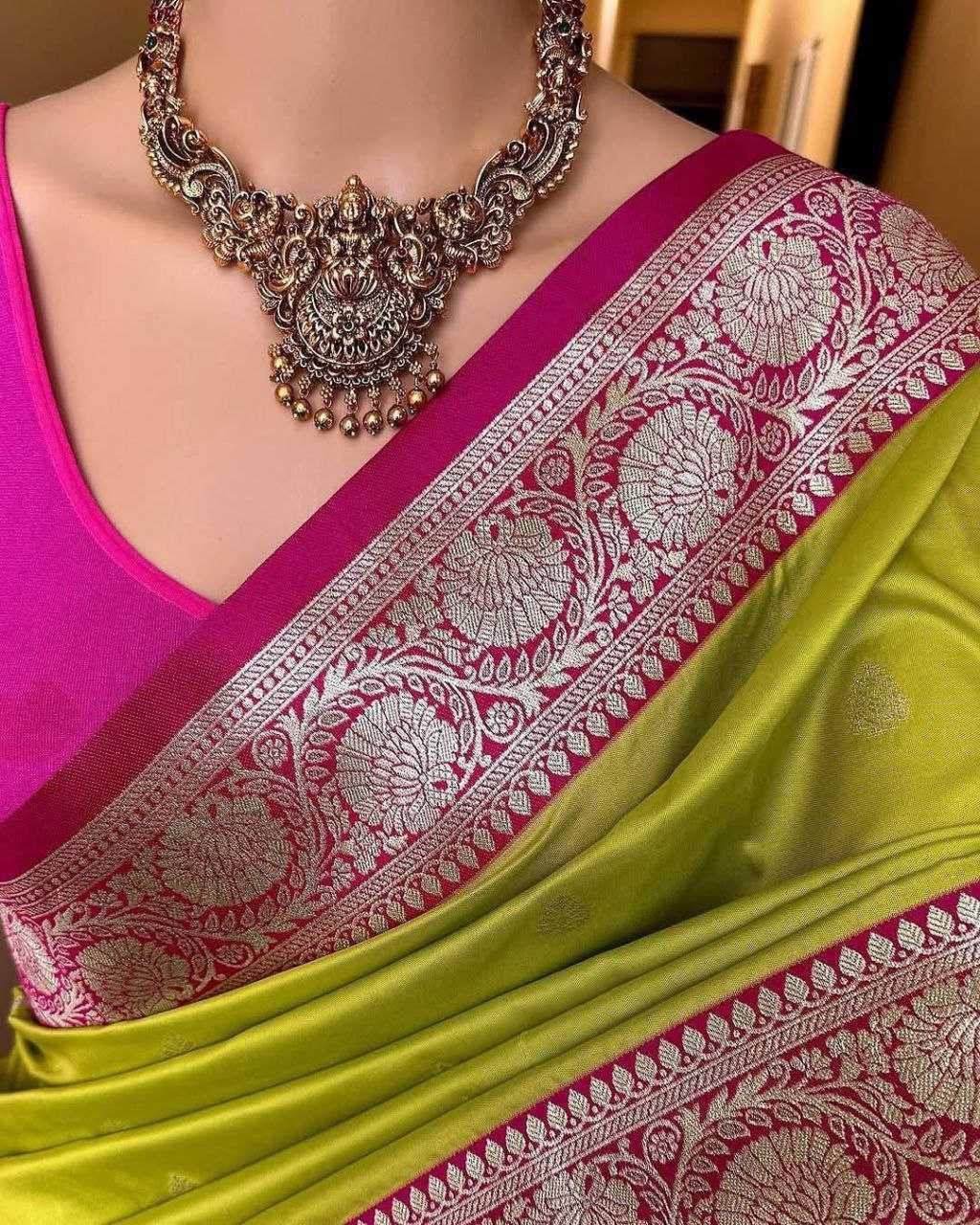 Mehndi Pure Soft Banarasi Silk Saree with Mina Work, Butti Weaving & Rich Contrast Border | Designer Party Wear Saree - House of ViDi