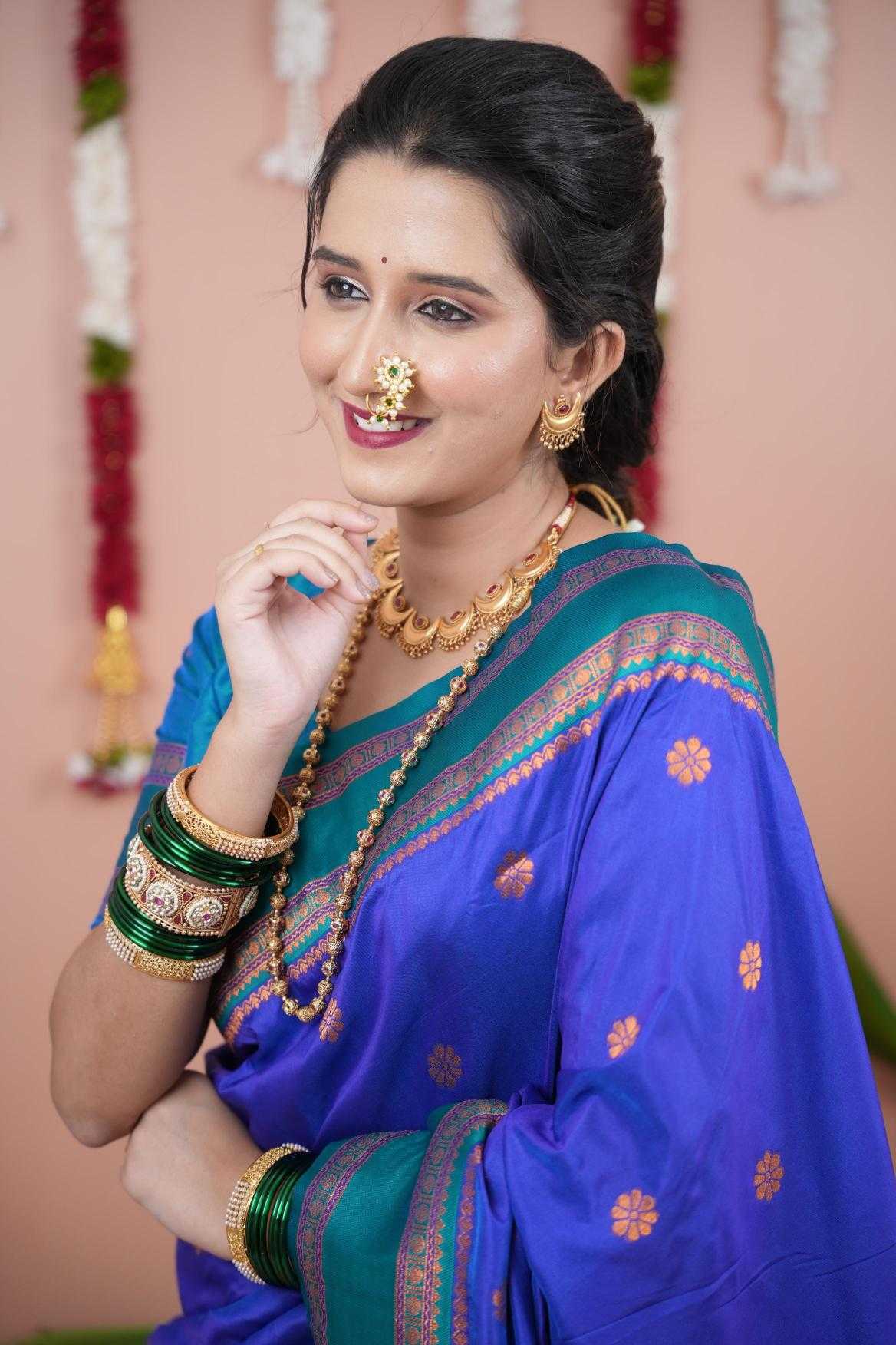 Narayanpet Soft Silk Saree with Zari Motifs & Contrast Pallu – Narayan Border & Contrast Blouse [Violet] - House of ViDi