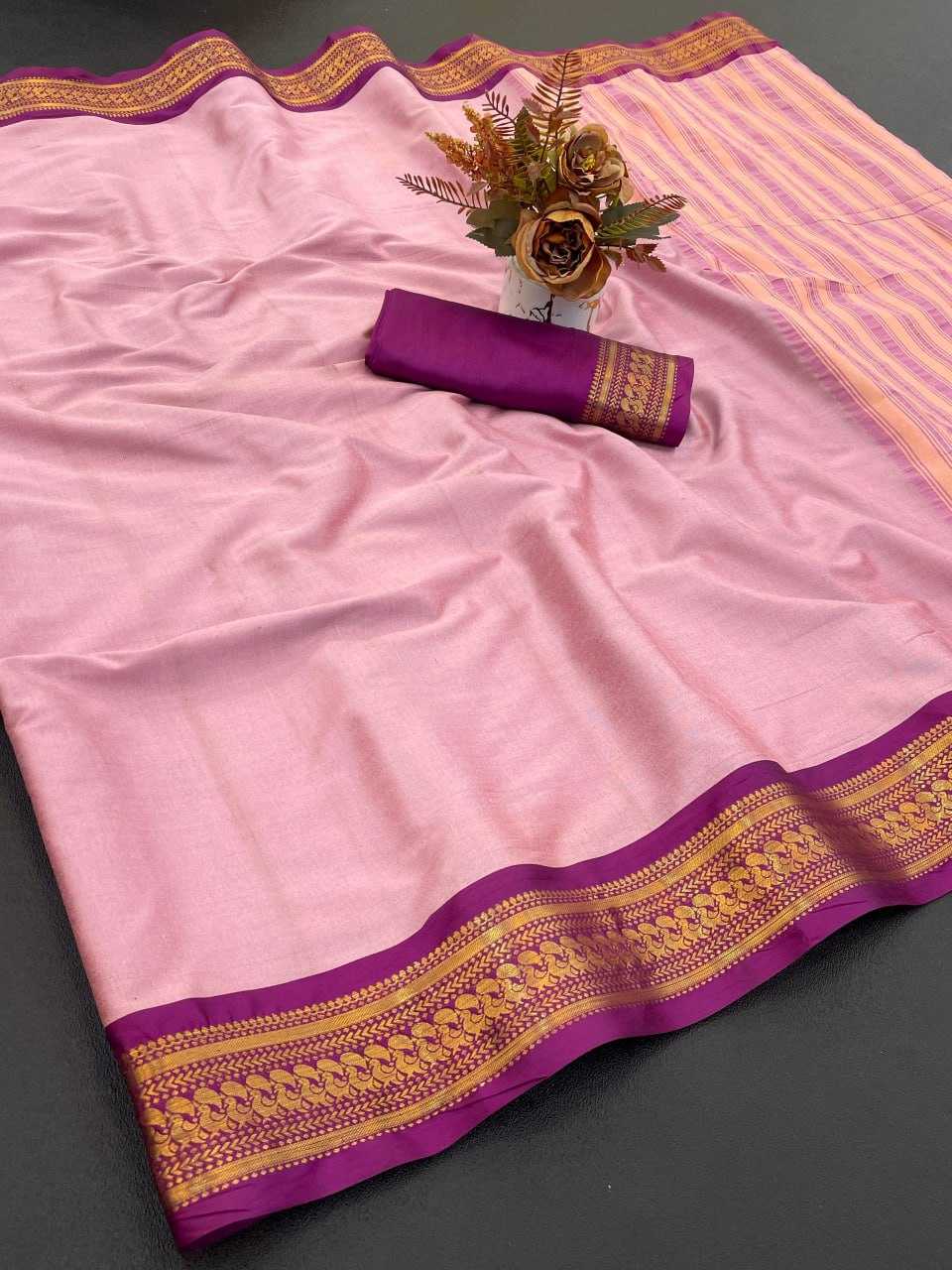 Pink Aura Cotton Designer Saree with Rich Border & Chitt Pallu – Festive & Elegant Wear