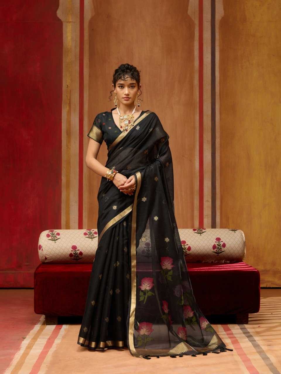 Black Handloom Silk Saree with Organza Pallu & Woven Design - House of ViDi