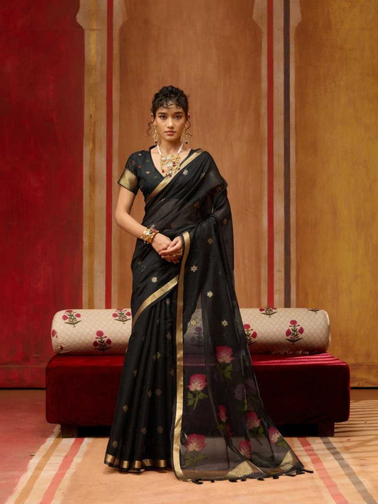 Black Handloom Silk Saree with Organza Pallu & Woven Design - House of ViDi