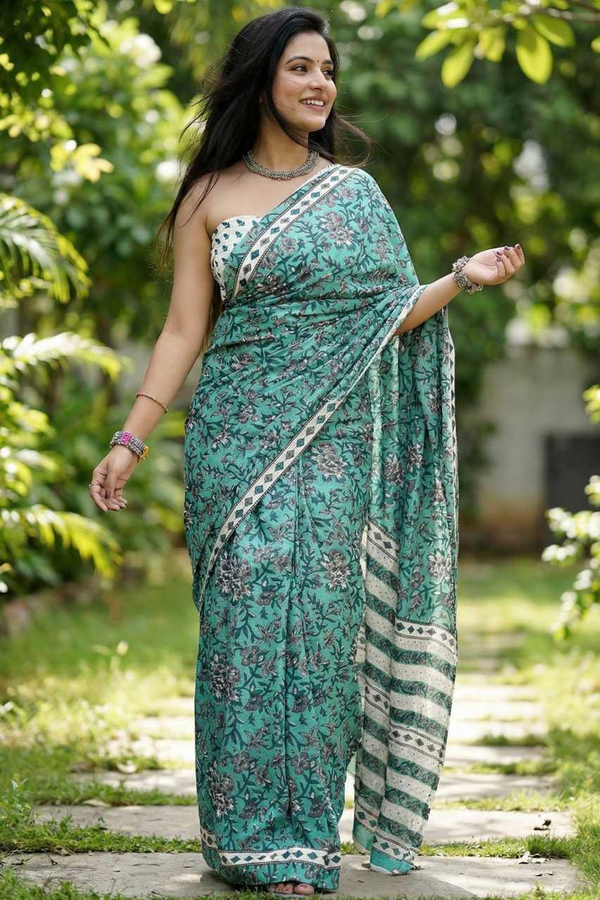 Blue Premium Cotton Mulmul Ajrakh Bagru Printed Saree with Blouse - House of ViDi