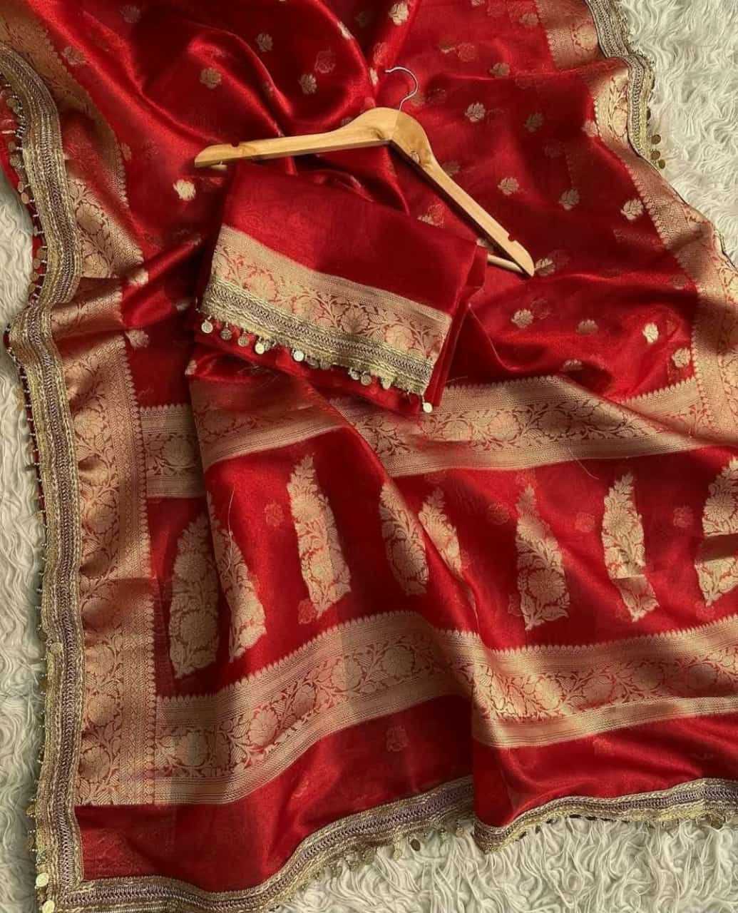 Red Banarasi Soft Tissue Silk Saree with Zari Weaving & Coin Lace – Elegant Wedding Wear Saree