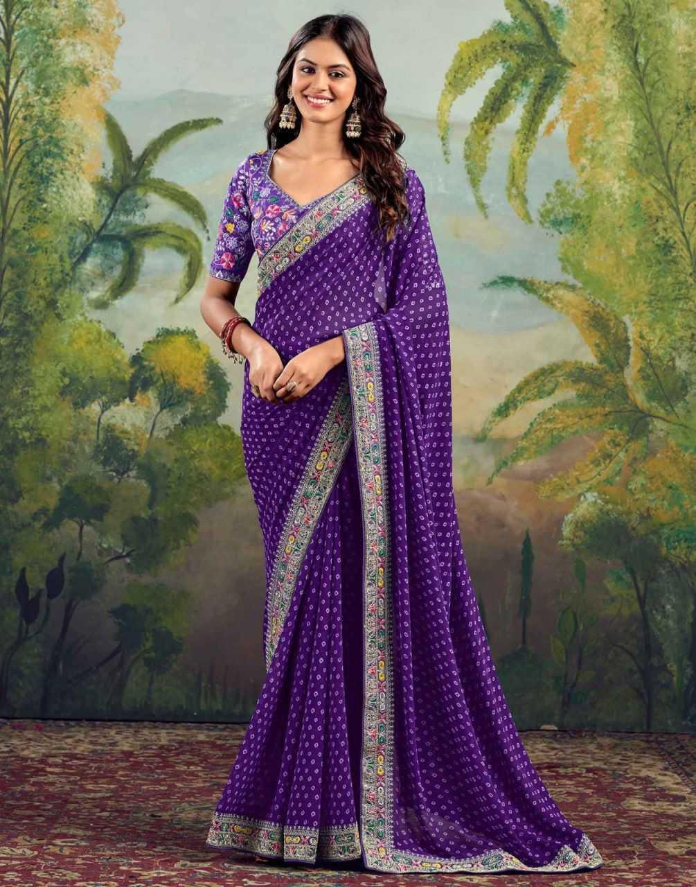 Purple Printed Georgette Saree with Embroidery Lace Border & Designer Blouse - House of ViDi